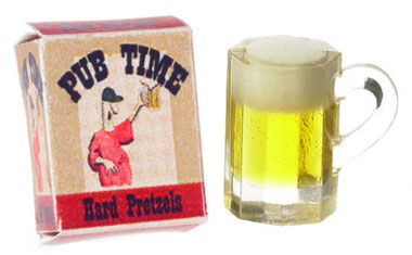 Dollhouse Miniature Pug Time Pretzel Box W/Mug Of Beer
